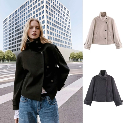 Women's Short Woolen Jacket Stand Collar Solid Color Multi Button Loose Fit Commute Autumn Winter Outerwear Jacket For Ladies