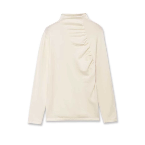 Elegant Women Cream White Ruched Half High Neck Knit Top Slim Fit Long Sleeve Solid Color Soft Casual Commuting Sweater