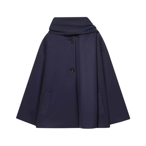 Damen Vintage Marineblau Wollcape Mantel Schalkragen Einreihig Locker Mittellang Wollmischung Oberbekleidung Für Herbst Winter