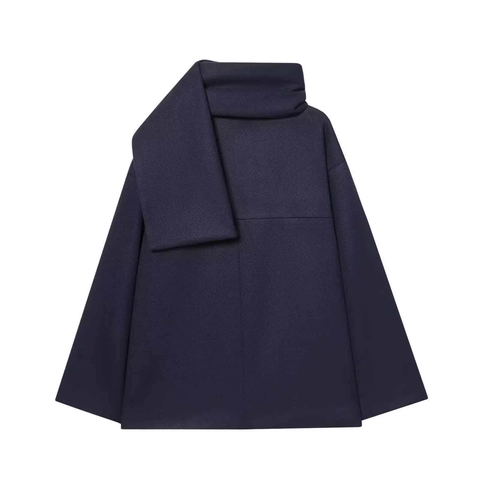 Damen Vintage Marineblau Wollcape Mantel Schalkragen Einreihig Locker Mittellang Wollmischung Oberbekleidung Für Herbst Winter