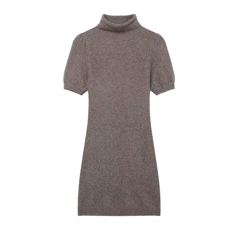 Vestido de Punto Vintage de Cuello Alto y Manga Corta para Mujer Ajuste Delgado Bodycon Mini Vestido Color Sólido Otoño Casual Pullover