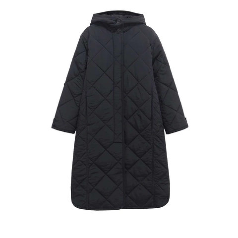 Damen Casual Langer Kapuzenmantel Diamant Gesteppt Puffer Jacke Locker Warm Winddicht Einfarbig Wattierte Jacke