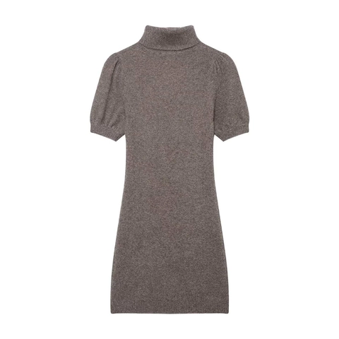 Vestido de Punto Vintage de Cuello Alto y Manga Corta para Mujer Ajuste Delgado Bodycon Mini Vestido Color Sólido Otoño Casual Pullover