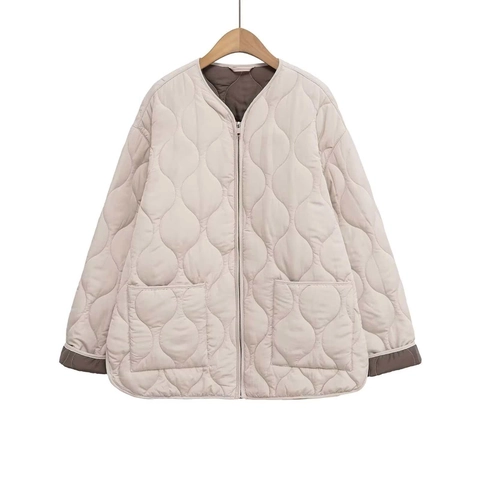 Damen Casual Gesteppte Baumwolljacke Zwiebelmuster Rundhals Reißverschluss Lockere Passform Mittellang Leicht Warm Wattiert