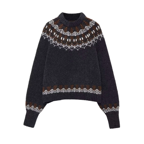 Maglione in Maglia Jacquard Geometrico Fair Isle Vintage da Donna Girocollo Largo Manica Lunga Nero Carbone Pullover Invernale