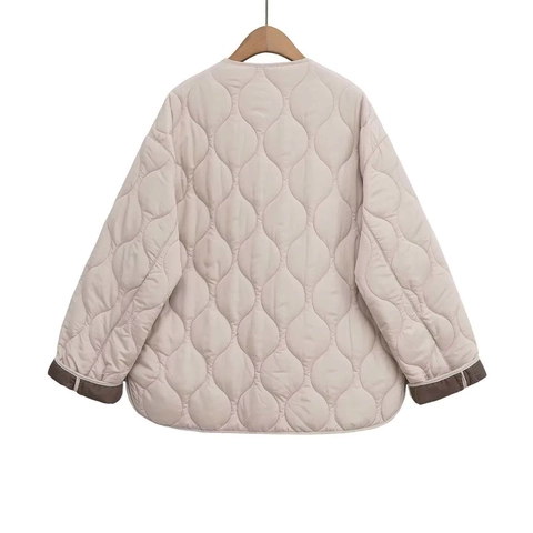 Damen Casual Gesteppte Baumwolljacke Zwiebelmuster Rundhals Reißverschluss Lockere Passform Mittellang Leicht Warm Wattiert