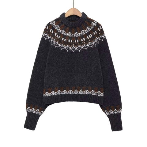 Maglione in Maglia Jacquard Geometrico Fair Isle Vintage da Donna Girocollo Largo Manica Lunga Nero Carbone Pullover Invernale