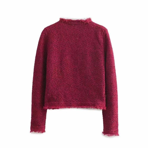 Dames Vintage Donkerrood Tweed Jas Ronde Hals Lange Mouw Franje Trim Mantel Vier Zakken Retro Metalen Knoop Korte Bovenkleding