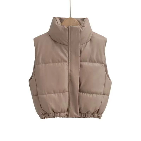 Women's Faux Leather Puffer Vest Stand Collar Short Quilted Sleeveless Jacket Solid Color Padded Waistcoat Outerwear