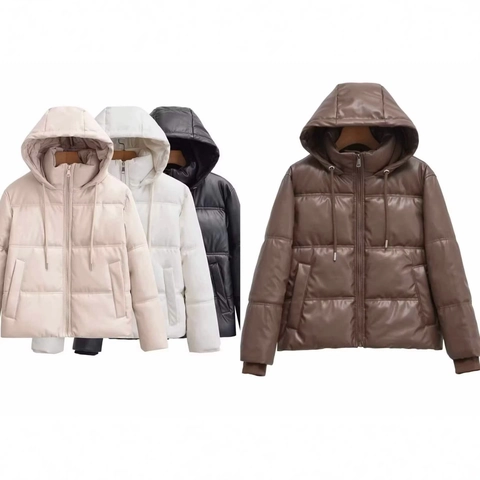 Women's Vintage PU Leather Hooded Puffer Jacket Short Quilted Cotton Padded Winter Coat Windproof Warm Outwear