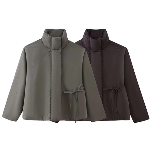 Women's Loose Casual Puffer Jacket Short Stand Collar Warm Cotton-Padded Coat With Side Drawstring For Winter Daily Wear
