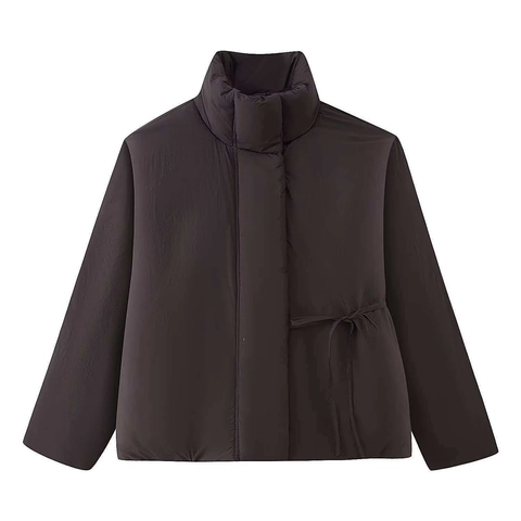 Giacca Imbottita Casual Larga da Donna Collo Rialzato Corto Cappotto Caldo in Cotone Con Coulisse Laterale per Inverno Quotidiano