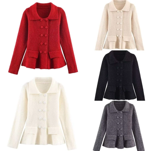 Dames Elegante Double Breasted Gebreid Vest Trui Revers Schootje Zoom Lange Mouw Effen Kleur Gebreide Top