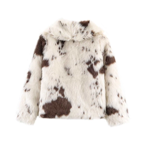 Cappotto da Donna Vintage in Pelliccia Sintetica con Stampa Mucca Revers Manica Lunga Invernale Caldo