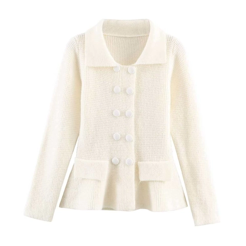 Dames Elegante Double Breasted Gebreid Vest Trui Revers Schootje Zoom Lange Mouw Effen Kleur Gebreide Top