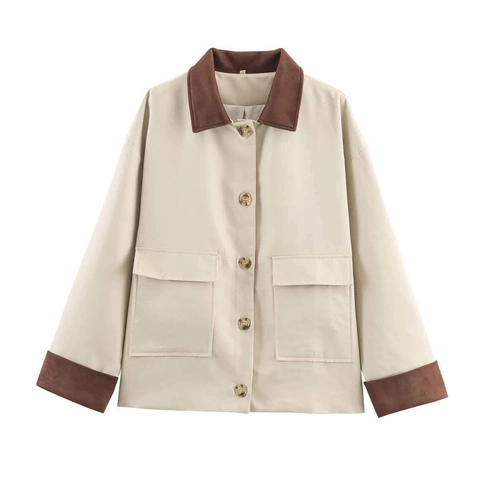 Chaqueta Casual de Mujer Bloques de Color Solapa de Gamuza Sintética Abrigo de Botones Con Bolsillos Grandes Vintage Otoño