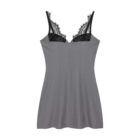 Abito Mini da Donna Sexy con Scollo a V Profondo e Patchwork in Pizzo Abito con Spalline Aderente Grigio per Feste