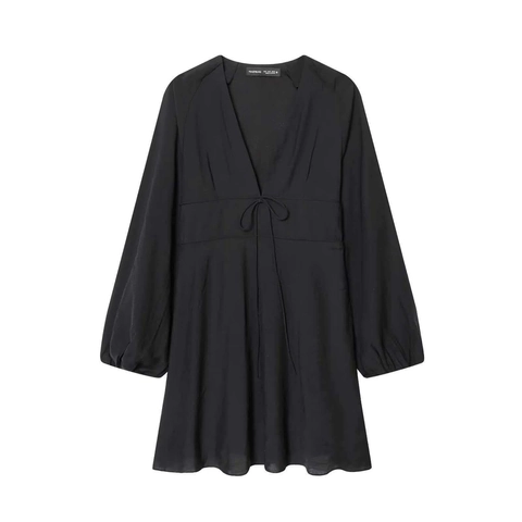 Vestido Negro de Mujer con Cuello en V y Manga Larga con Lazo en la Cintura Manga Abullonada Elegante Casual Color Sólido Poliéster Moda Corto Vestido Acampanado