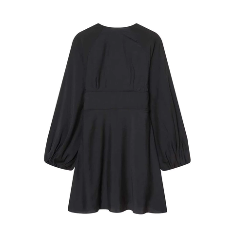 Vestido Negro de Mujer con Cuello en V y Manga Larga con Lazo en la Cintura Manga Abullonada Elegante Casual Color Sólido Poliéster Moda Corto Vestido Acampanado