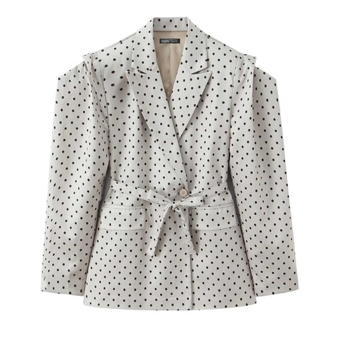 Damen Eleganter Gepunkteter Blazer Mit Gürtel Langarm Revers Jacke Büro Dame Commute Stil Beige Schwarz Punkt Mantel