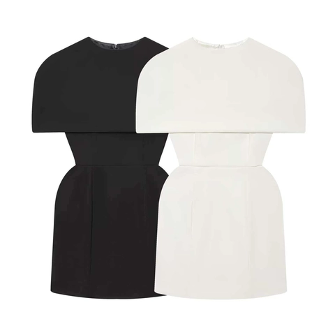 Women Elegant Cape Sleeve Mini Dress Slim Fit High Waist Back Zipper Solid Color Minimalist Architectural Short Dress