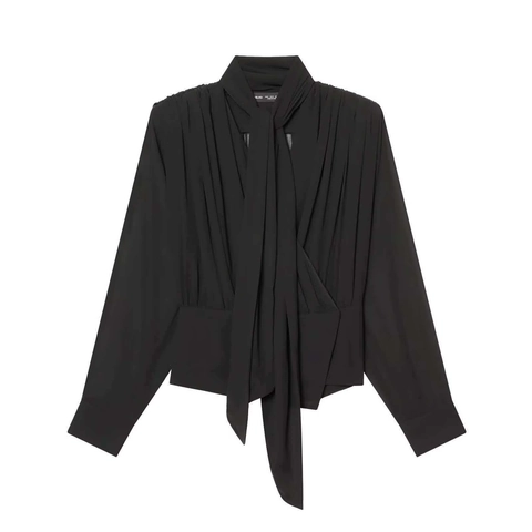 Chemisier Élégant en Mousseline Noire pour Femme Col à Nœud Manches Longues Chemise Plissée Hauts de Bureau Mode Couleur Unie