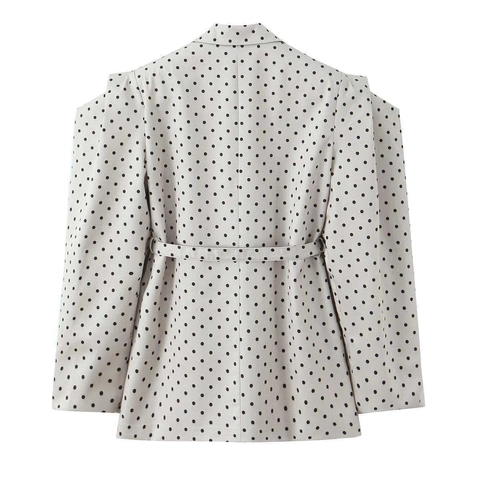 Damen Eleganter Gepunkteter Blazer Mit Gürtel Langarm Revers Jacke Büro Dame Commute Stil Beige Schwarz Punkt Mantel