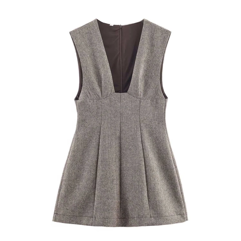 Abito da Donna Elegante Scollo a V Profondo Senza Maniche in Tweed Misto Lana Slim Fit Mini Abito Plissettato Grigio Ufficio