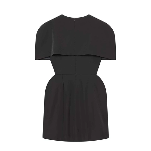Women Elegant Cape Sleeve Mini Dress Slim Fit High Waist Back Zipper Solid Color Minimalist Architectural Short Dress