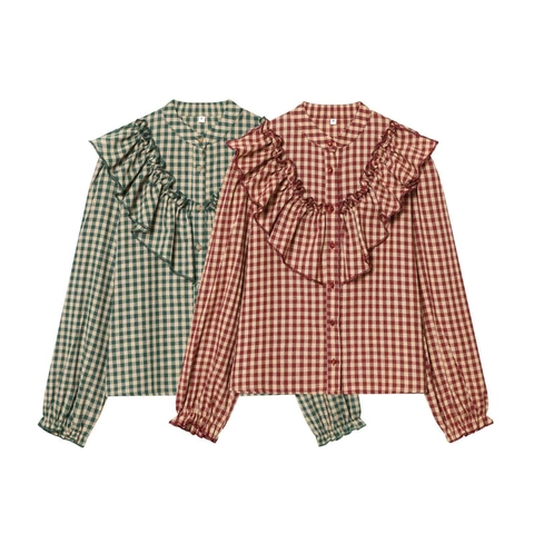Damen Vintage Gingham Karo Bluse Rüschen Ausgestellter Ärmel Stehkragen Hemd Lässig Pendeln Langarm Polyester Oberteil