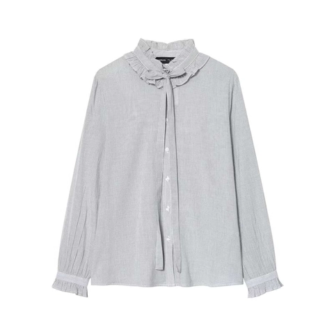 Damen Elegante Gestreifte Rüschenstehkragen Bluse Mit Schleife Langarm Einreihig Casual Büro Hemd Top