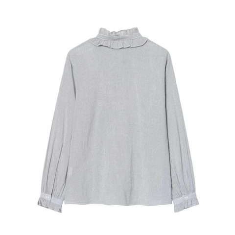 Damen Elegante Gestreifte Rüschenstehkragen Bluse Mit Schleife Langarm Einreihig Casual Büro Hemd Top