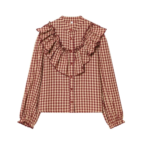 Damen Vintage Gingham Karo Bluse Rüschen Ausgestellter Ärmel Stehkragen Hemd Lässig Pendeln Langarm Polyester Oberteil