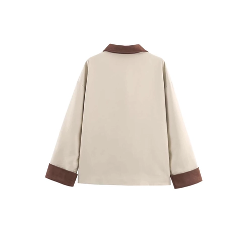 Chaqueta Casual de Mujer Bloques de Color Solapa de Gamuza Sintética Abrigo de Botones Con Bolsillos Grandes Vintage Otoño