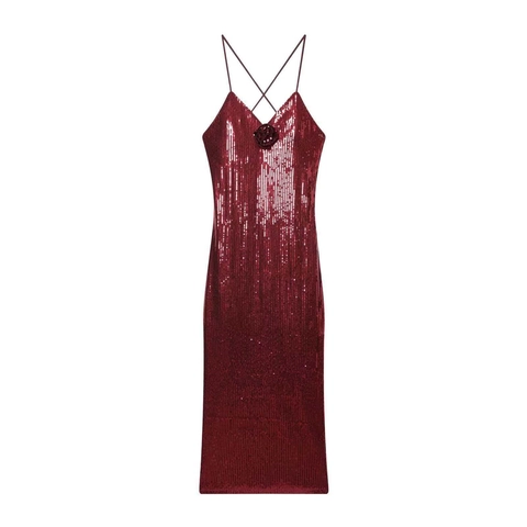 Sequined V-Neck Cami Dress With 3D Rose Flower Detail Sexy Cross Back Slim Fit Party Banquet Midi Dress For Women