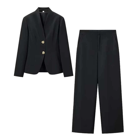 Damen Elegant Slim Fit Blazer Und Hose Zweiteiliges Set Einfarbig Office Lady Business Pendler Anzug Mit Goldknöpfen