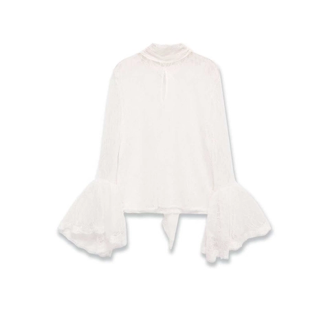 Damen Elegant Weiße Spitze Glockenärmel Langarm Top Stehkragen Floral Hohl Geschnitten Geraffte Bluse Mode Pendler Hemd