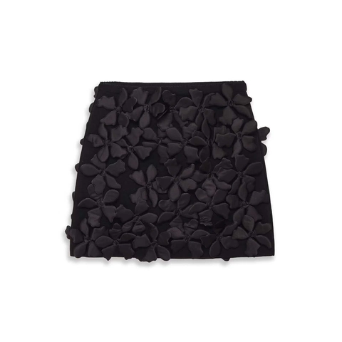 Damen Strick Minirock Schwarz Mit 3D Satin Blumen Applikationen Retro Hohe Taille Eleganter Kurzer Rock Mode
