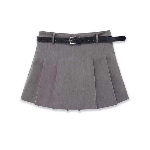 Women High Waist Pleated Short Skirt With Black Belt Gray Solid Color A-Line Mini Skirt Office Lady Fashion Bottoms