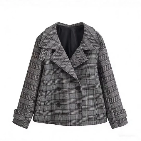 Dames Vintage Grijs Geruit Double-breasted Blazer Jas Casual Lange Mouw Kantoor Kort Jack Met Gladde Voering Polyester