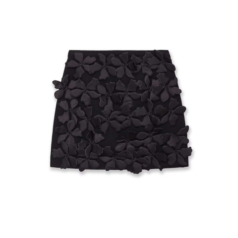 Damen Strick Minirock Schwarz Mit 3D Satin Blumen Applikationen Retro Hohe Taille Eleganter Kurzer Rock Mode