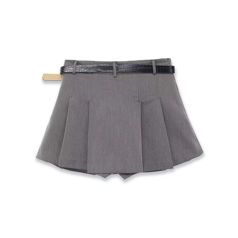 Women High Waist Pleated Short Skirt With Black Belt Gray Solid Color A-Line Mini Skirt Office Lady Fashion Bottoms