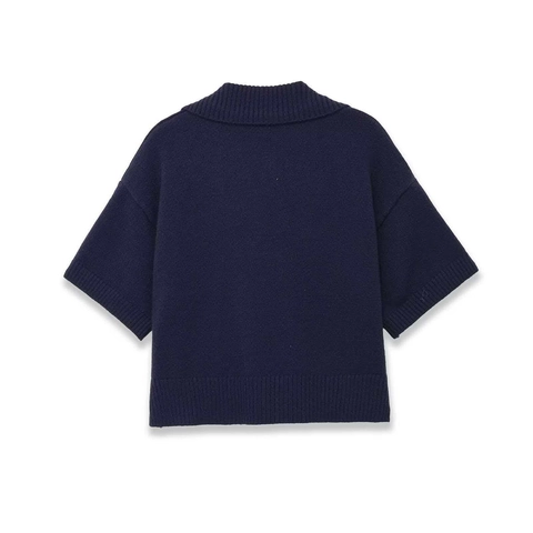 Haut en Tricot Décontracté pour Femmes Polyester Bleu Marine Col Polo Poches Rouges Contrastées Manches Courtes Pull en Tricot Basique
