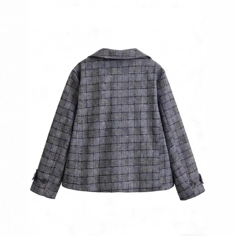 Dames Vintage Grijs Geruit Double-breasted Blazer Jas Casual Lange Mouw Kantoor Kort Jack Met Gladde Voering Polyester