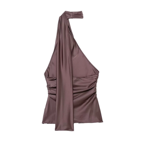 Top Elegante de Satén con Cuello Halter para Mujer Blusa sin Mangas con Fruncido Asimétrico Color Sólido Malva Moda Verano