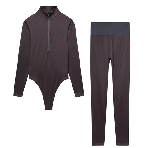 Ensemble Body Et Leggings Femme Pantalon Taille Haute Manches Longues Demi-Zip Slim Fit Bodycon Tenue De Navetteur