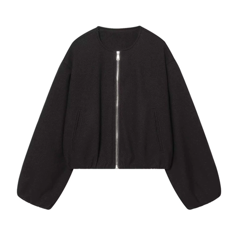 Women's Casual Loose Bomber Jacket Round Neck Long Sleeve Zipper Coat Soft Polyester Outerwear Fall Winter Fashion Jackets