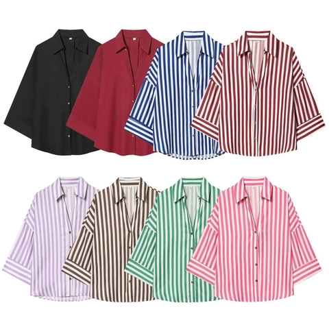 Women Summer Striped V Neck Blouse Loose Five Point Bat Sleeve Button Down Casual Vintage Elegant Commuter Shirt Top