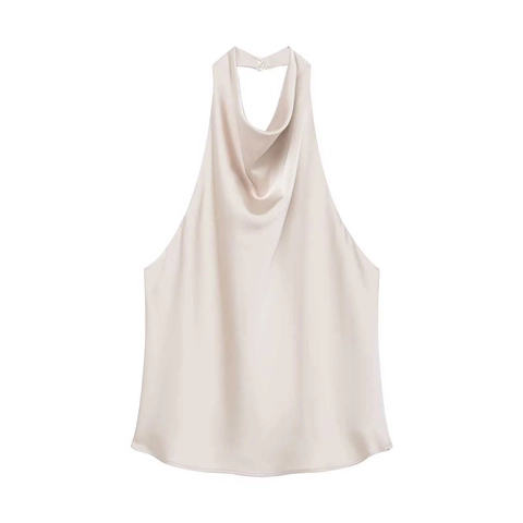 Canotta Elegante da Donna Allacciata al Collo Scollo a Cappuccio in Raso Senza Maniche Senza Schienale Effetto Seta per Festa Ufficio Moda