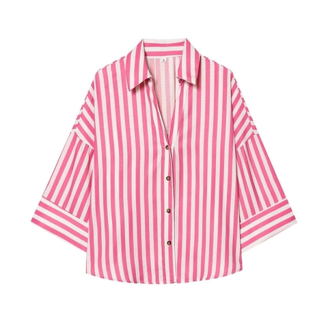 Women Summer Striped V Neck Blouse Loose Five Point Bat Sleeve Button Down Casual Vintage Elegant Commuter Shirt Top